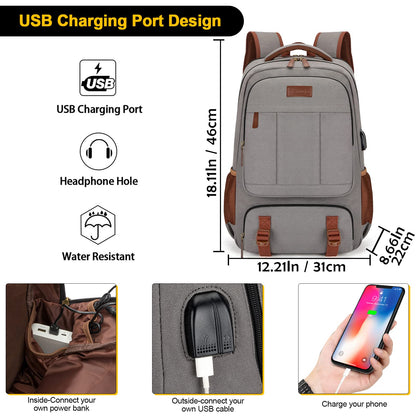 Tzowla Canvas Laptop Backpack, Bag for Men Women,Travel Work Rucksack Fits 15.6 Inch Laptop,Bookbag with USB Charging Port-Khaki