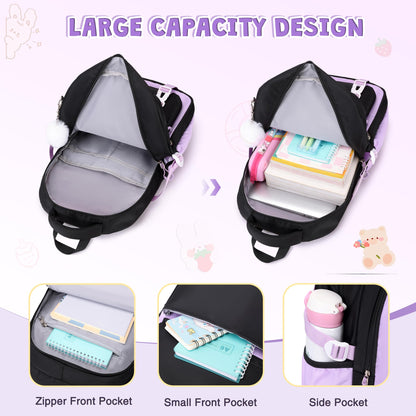 DIGOBAY Girls Backpack, School Backpack for Girls with Lunch Box Pencil Case Set for Teen Kids Girl Elementary Primary Middle High College School Bookbag with Cute Pins Blackpruple