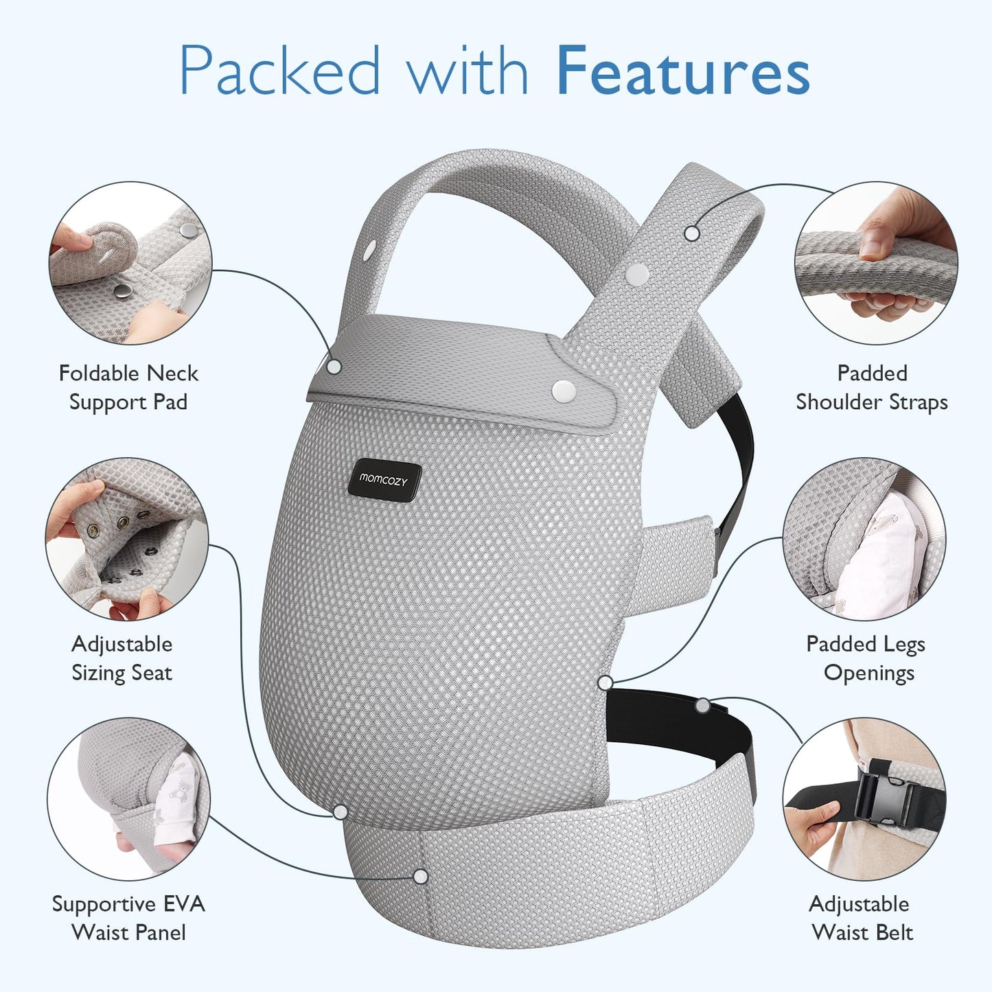 Momcozy Breathable Mesh Baby Carrier, Ergonomic and Lightweight Infant Carrier for 7-44lbs with Enhanced Lumbar Support, All Day Comfort for Hands-Free Parenting, Air Mesh-Grey