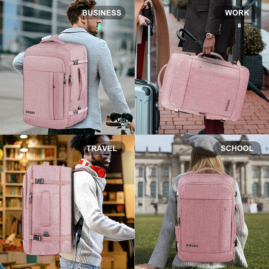 Carry On Backpack for Women, 50L Travel Backpack Flight Approved, Expandable Backpack For Airplanes, 17 Inch Laptop Backpack, Luggage Backpack Daypack Lightweight Business Weekender Bag, Pink