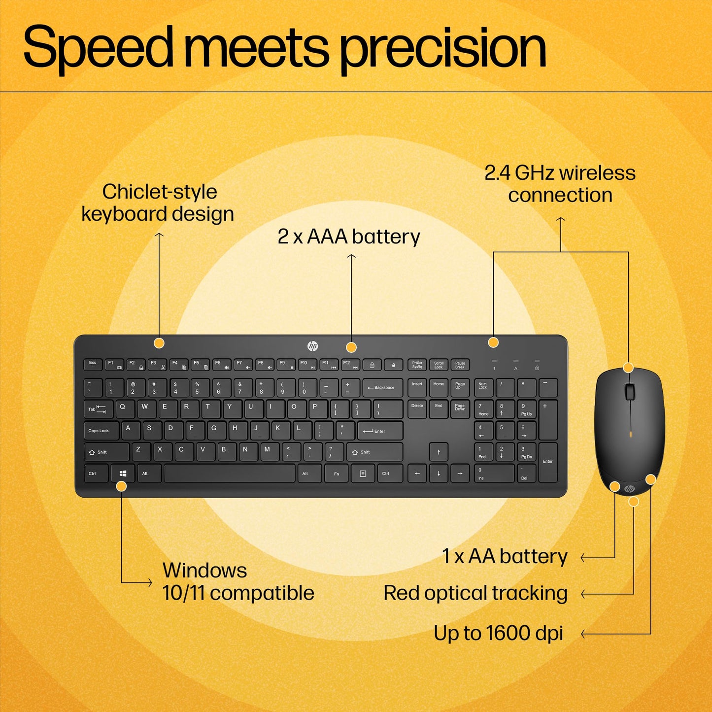 HP 230 Wireless Mouse and Keyboard Combo with Lag Free Wireless 2.4GHz, Long Lasting Battery - 16months, Up to 1600 DPI Mouse Precision, Quiet Keys and clicks, Black, 18H24AA