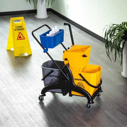HOMECOM 6.9 Gallon Mop Bucket Swivel Arm Cart With Easy-to-use Side Pressure Swivel Arm Smooth Wheels And Mop Handle Bracket