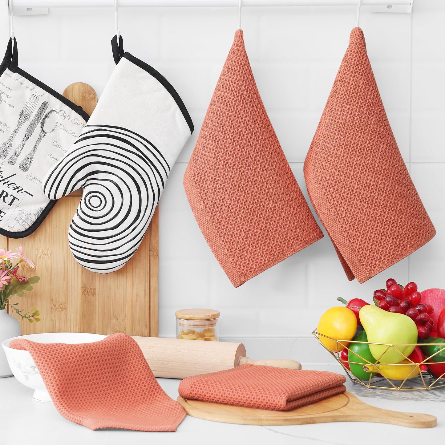 100% Cotton Waffle Weave Kitchen Dish Cloths, Ultra Soft Absorbent Quick Drying Dish Towels, 12 x 12 Inches, 6-Pack, Coral