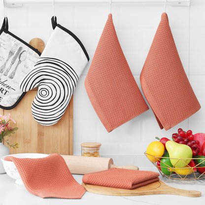 100% Cotton Waffle Weave Kitchen Dish Cloths, Ultra Soft Absorbent Quick Drying Dish Towels, 12 x 12 Inches, 6-Pack, Coral
