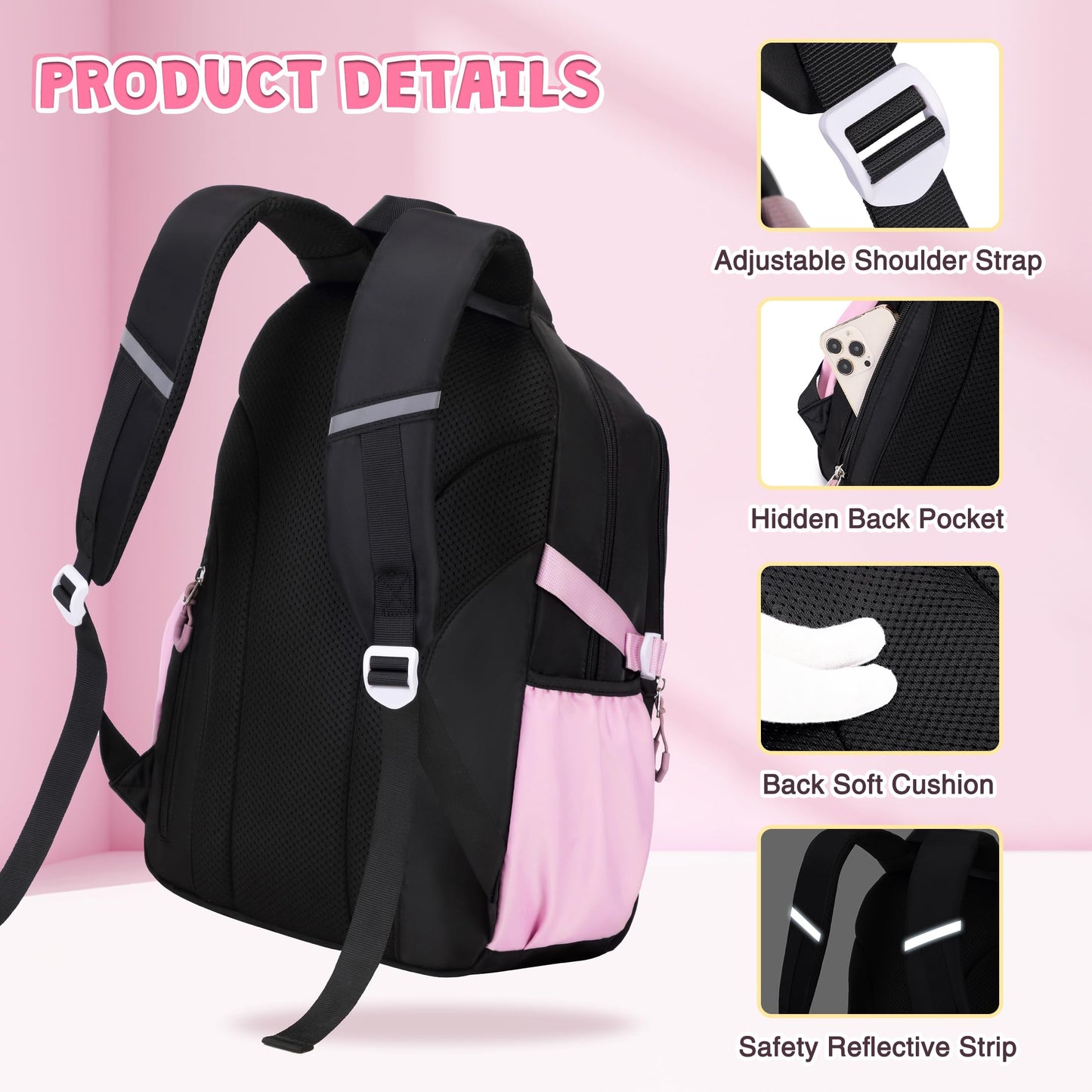 DIGOBAY Girls Backpack, School Backpack for Girls with Lunch Box Pencil Case Set for Teen Kids Girl Elementary Primary Middle High College School Bookbag with Cute Pins Blackpink
