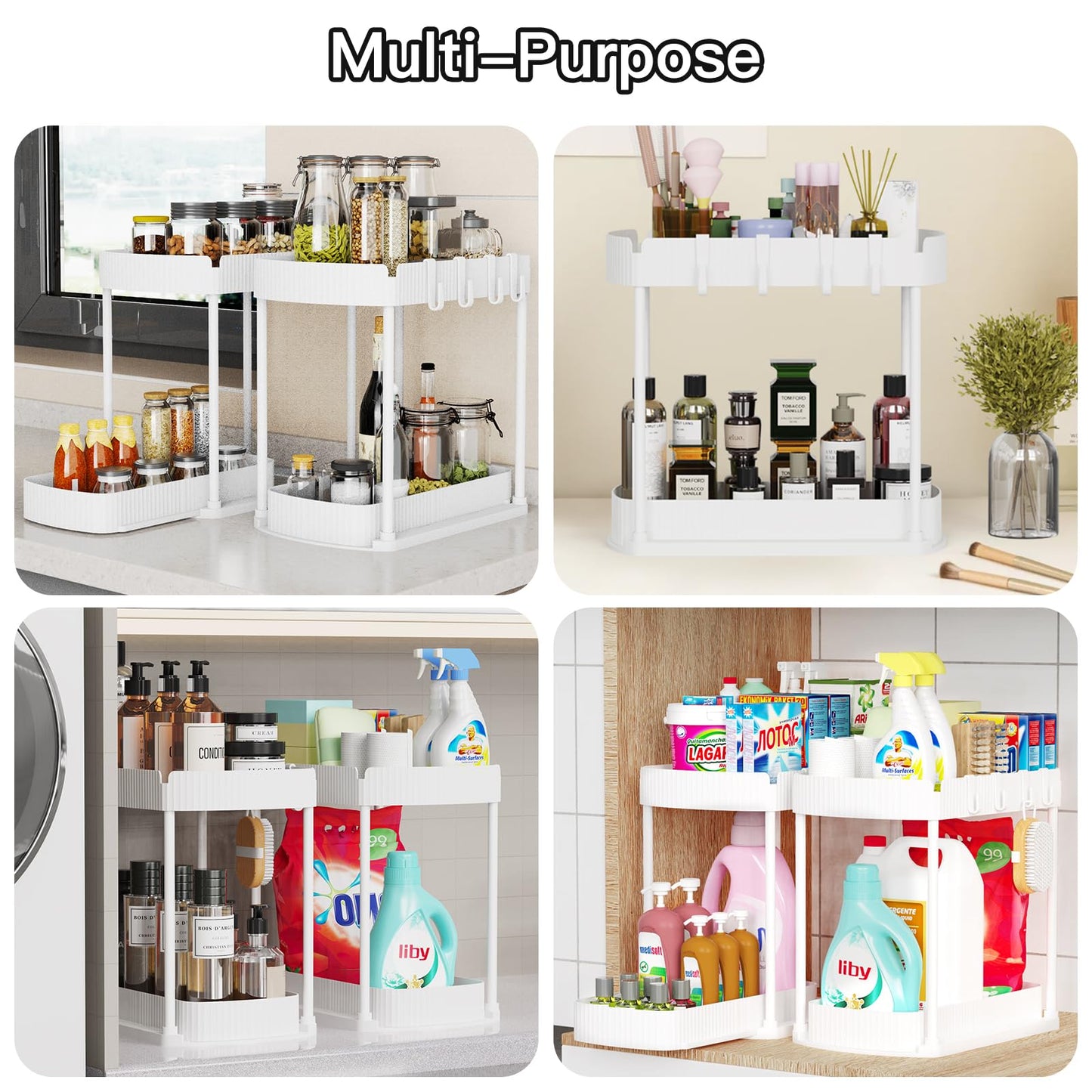 2 Pack Multi-Purpose Pull-Out Storage Organizers, Under Sink Organizers and Storage for Bathroom & Kitchen, Under Cabinet Organizers and storage, 14.8 Inch, White