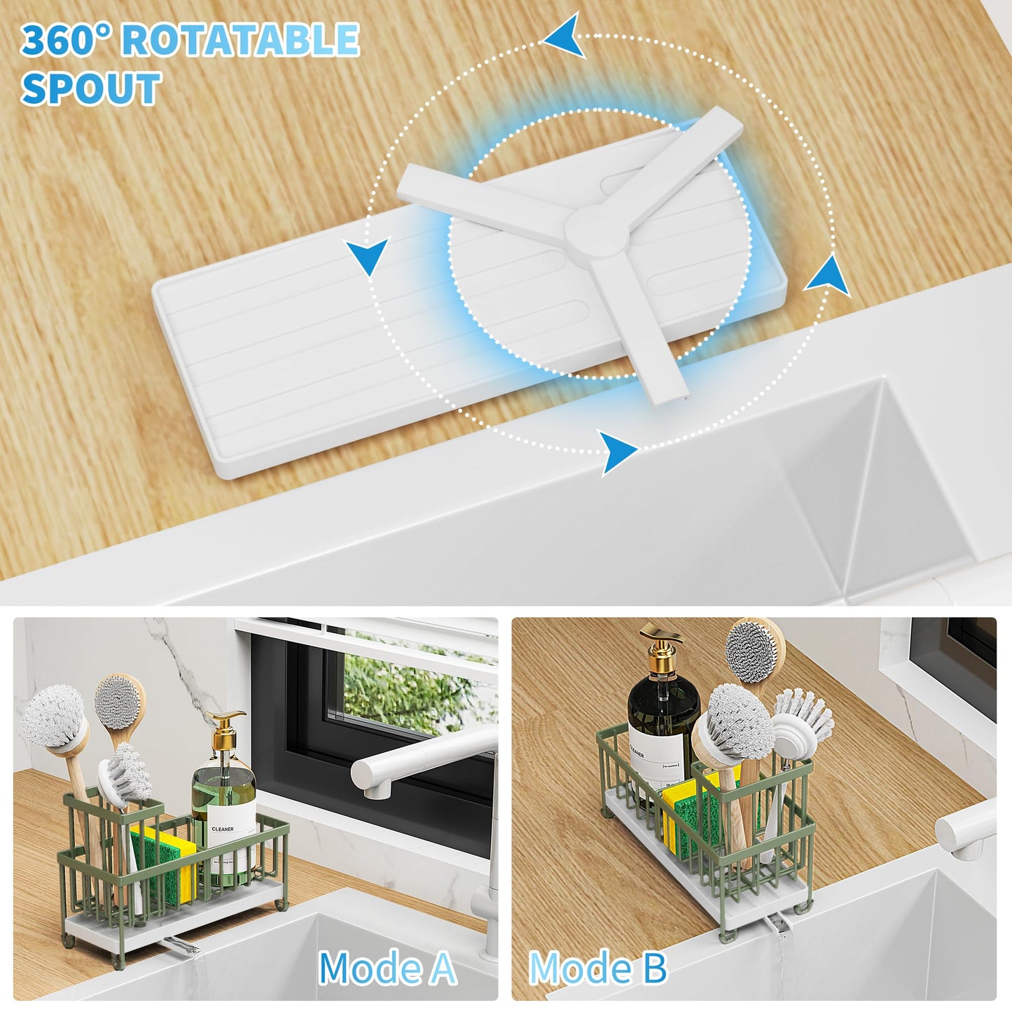 Sage Green Sponge Holder for Kitchen Sink, Sink Caddy Organizer with High Brush Holder, Kitchen Countertop Organizers and Storage Essentials, Rustproof 304 Stainless Steel, Soap Dispenser