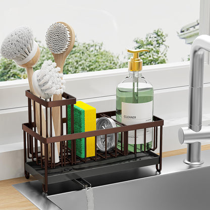 Brown Sponge Holder for Kitchen Sink, Sink Caddy Organizer with High Brush Holder, Kitchen Countertop Organizers and Storage Essentials, Rustproof 304 Stainless Steel, Soap Dispenser Organize