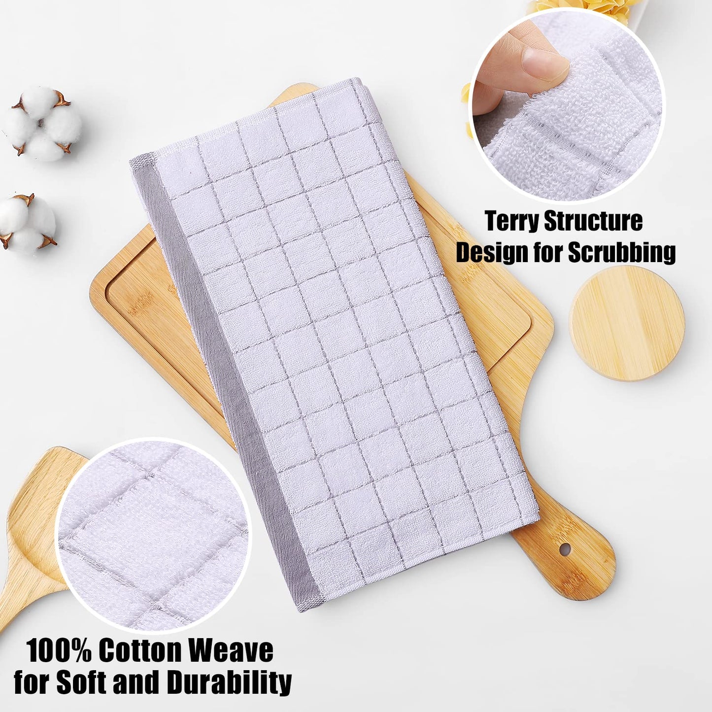 100% Cotton Terry Kitchen Dish Cloths, Ultra Soft and Absorbent Dish Towels for Kitchen, Suitable for Drying and Washing Dishes, 6 Pack, 12 x 12 Inches, White