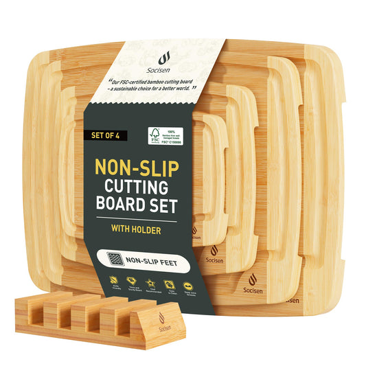 Bamboo Cutting Board Set Non Slip Feet with Holder Over Sink Valentines Gifts ideal
