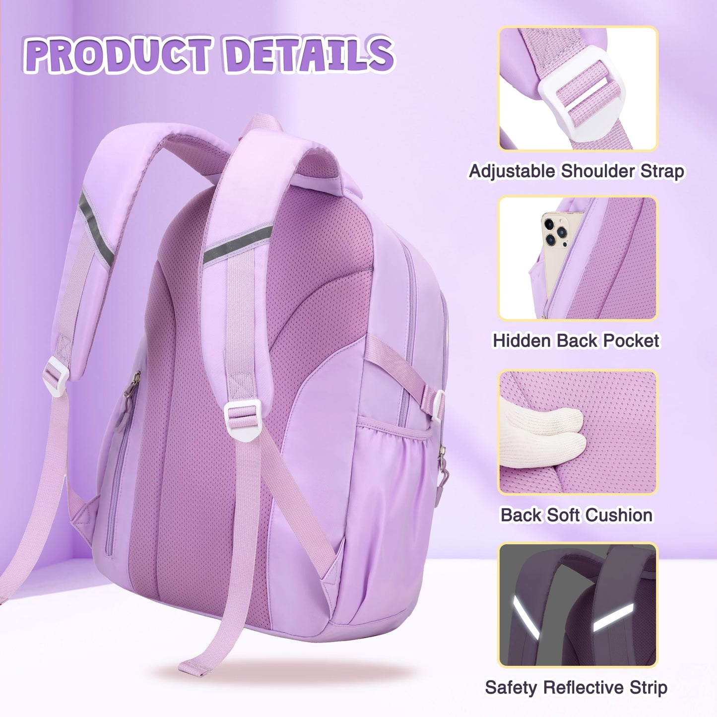 DIGOBAY Girls Backpack, School Backpack for Girls with Lunch Box Pencil Case Set for Teen Kids Girl Elementary Primary Middle High College School Bookbag with Cute Pins Purple