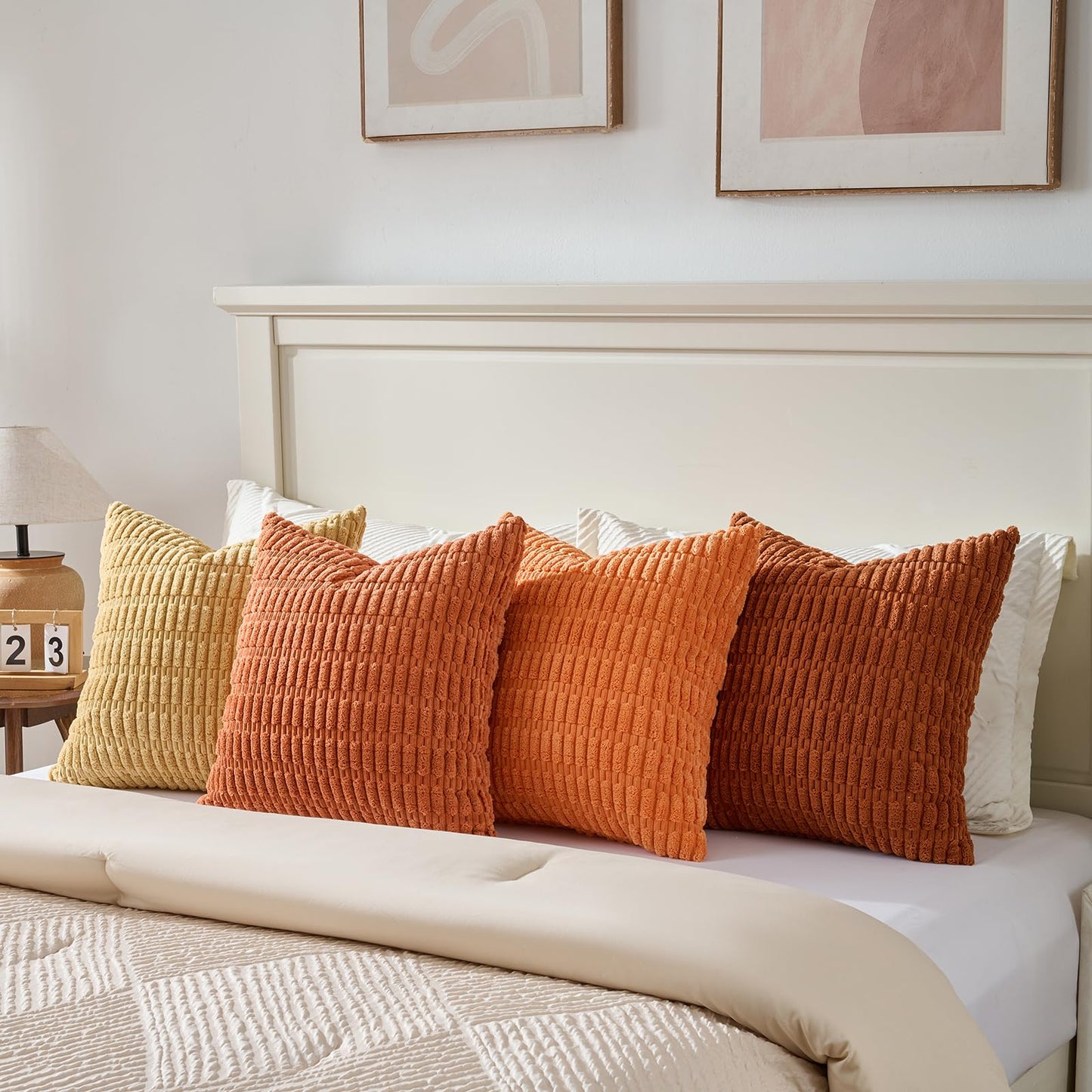 Fancy Homi Set of 4 Burnt Orange Fall Decorative Throw Pillow Covers 18x18 Inch for Couch Bed Chair, Modern Farmhouse Boho Room Decor, Soft Fuzzy Corduroy Textured Striped Cushion Case 45cm
