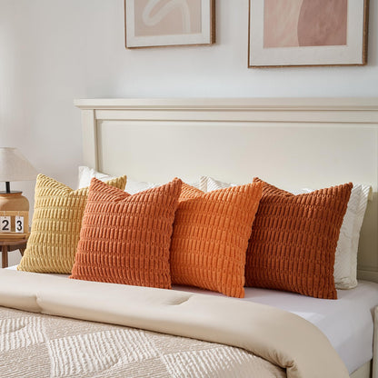 Fancy Homi Set of 4 Burnt Orange Fall Decorative Throw Pillow Covers 18x18 Inch for Couch Bed Chair, Modern Farmhouse Boho Room Decor, Soft Fuzzy Corduroy Textured Striped Cushion Case 45cm