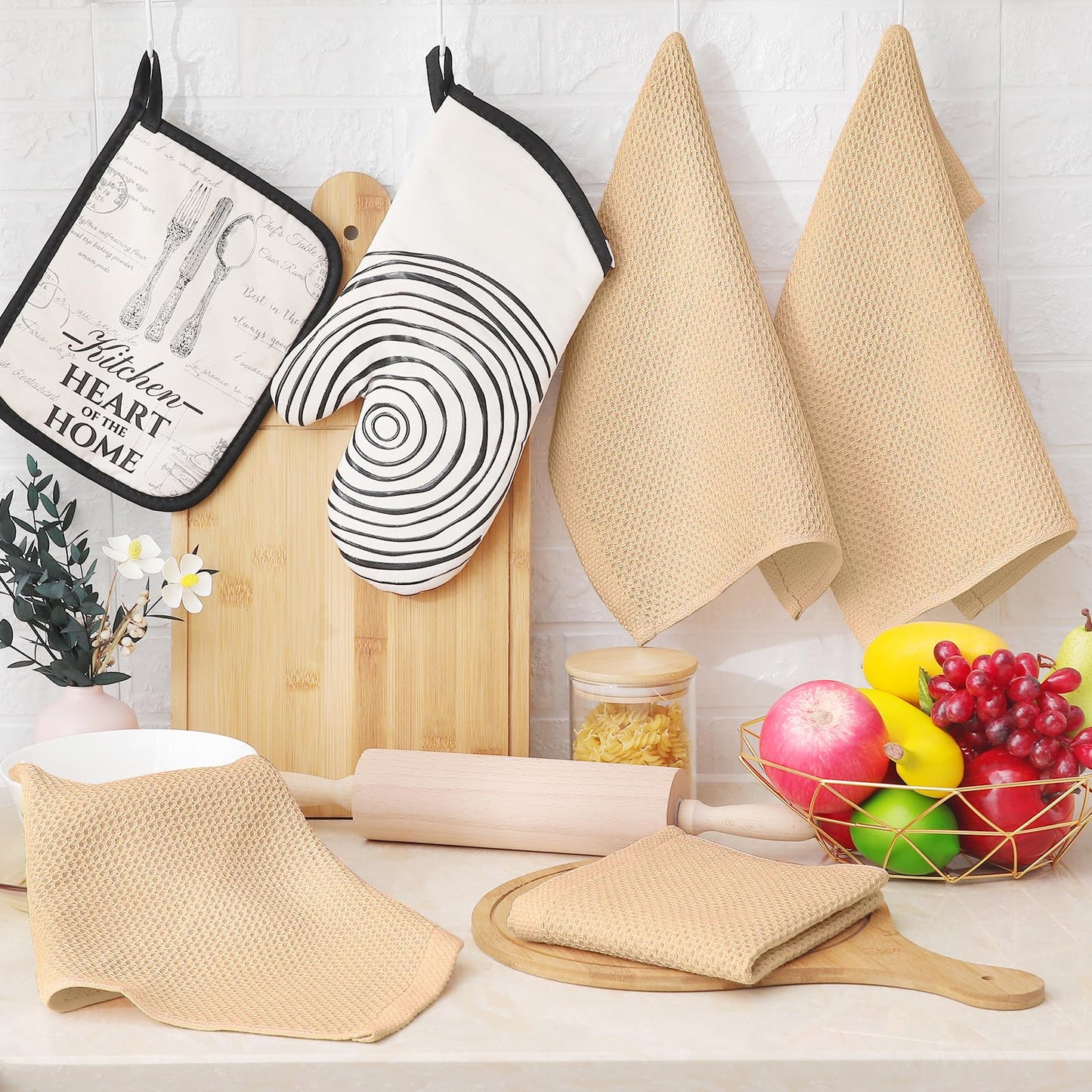 100% Cotton Waffle Weave Kitchen Dish Cloths, Ultra Soft Absorbent Quick Drying Dish Towels, 12 x 12 Inches, 6-Pack, Apricot