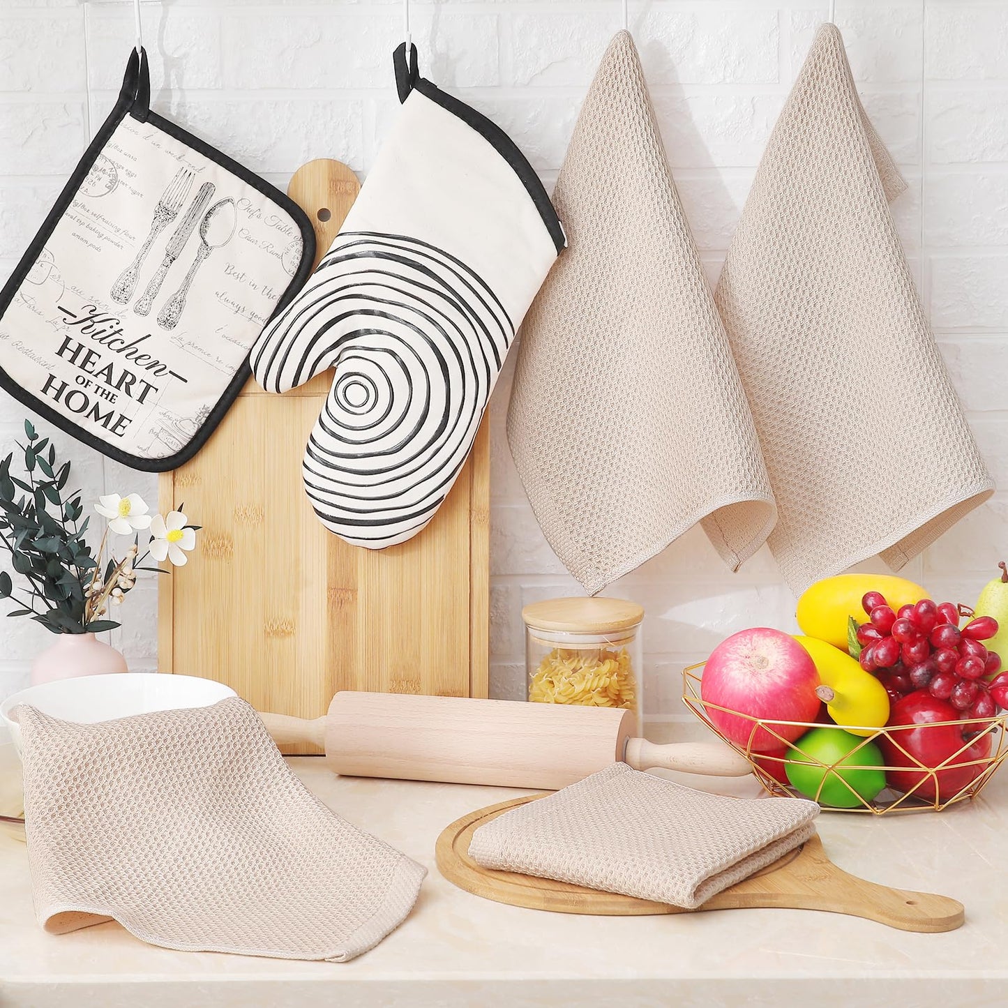 100% Cotton Waffle Weave Kitchen Dish Cloths, Ultra Soft Absorbent Quick Drying Dish Towels, 12 x 12 Inches, 6-Pack, Beige