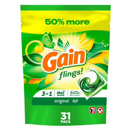 Gain flings Laundry Detergent Soap Pacs, HE Compatible, 31 Count, Long Lasting Scent, Original Scent
