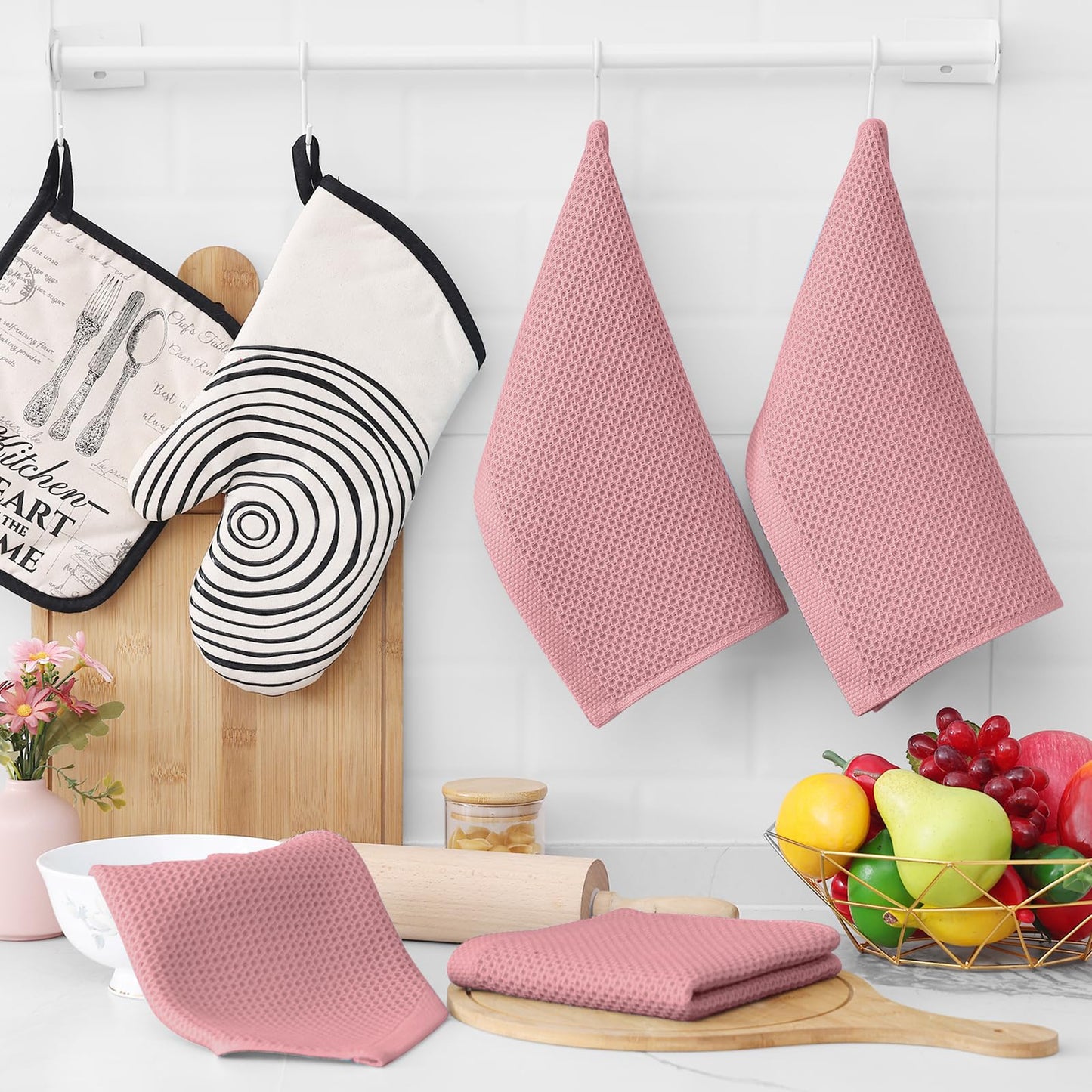 100% Cotton Waffle Weave Kitchen Dish Cloths, Ultra Soft Absorbent Quick Drying Dish Towels, 12 x 12 Inches, 12-Pack, Dried Rose