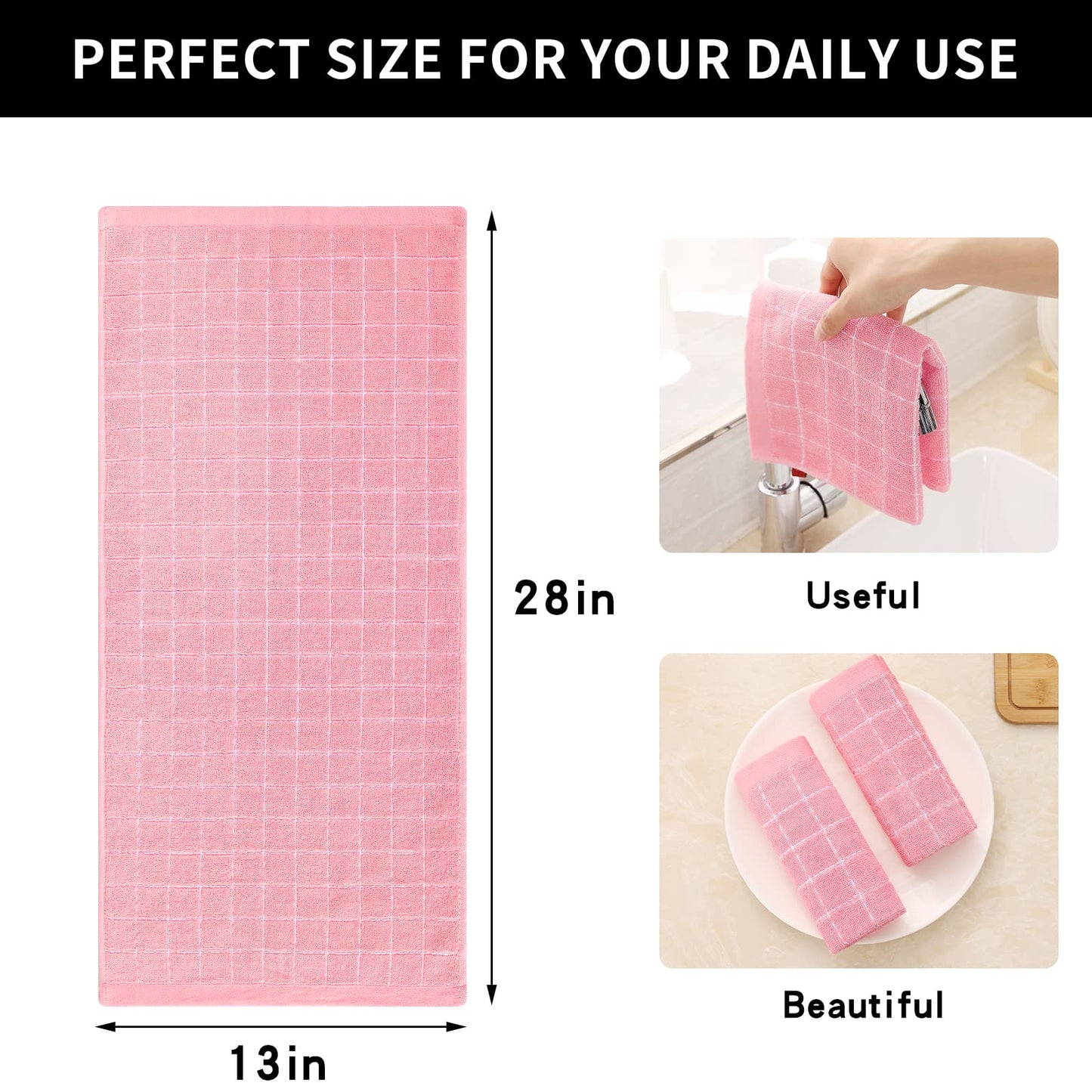 100% Cotton Terry Kitchen Towels(Pink, 13 x 28 inches), Checkered Designed, Soft and Super Absorbent Dish Towels, 4 Pack