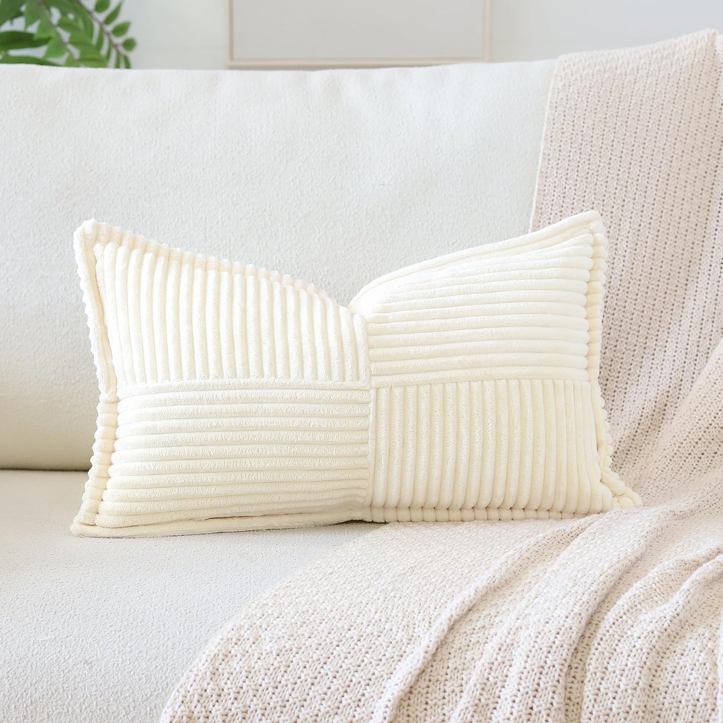 2 Packs Throw Pillow Covers Corduroy,Decorative Lumbar Pillow Covers, JOMWEN Super Soft Boho Striped Cushion Covers for Couch Bed Sofa Livingroom (Cream, 50 x 30 cm)
