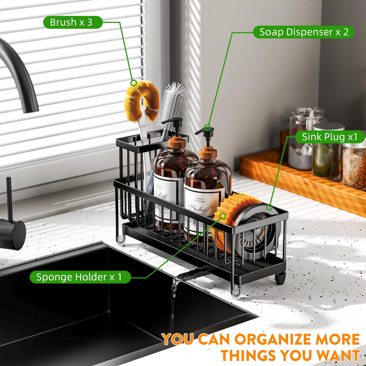 Extra Large Black Sponge Holder for Kitchen Sink, Sink Caddy Organizer with High Brush Holder, Kitchen Countertop Organizers and Storage Essentials, Rustproof 304 Stainless Steel