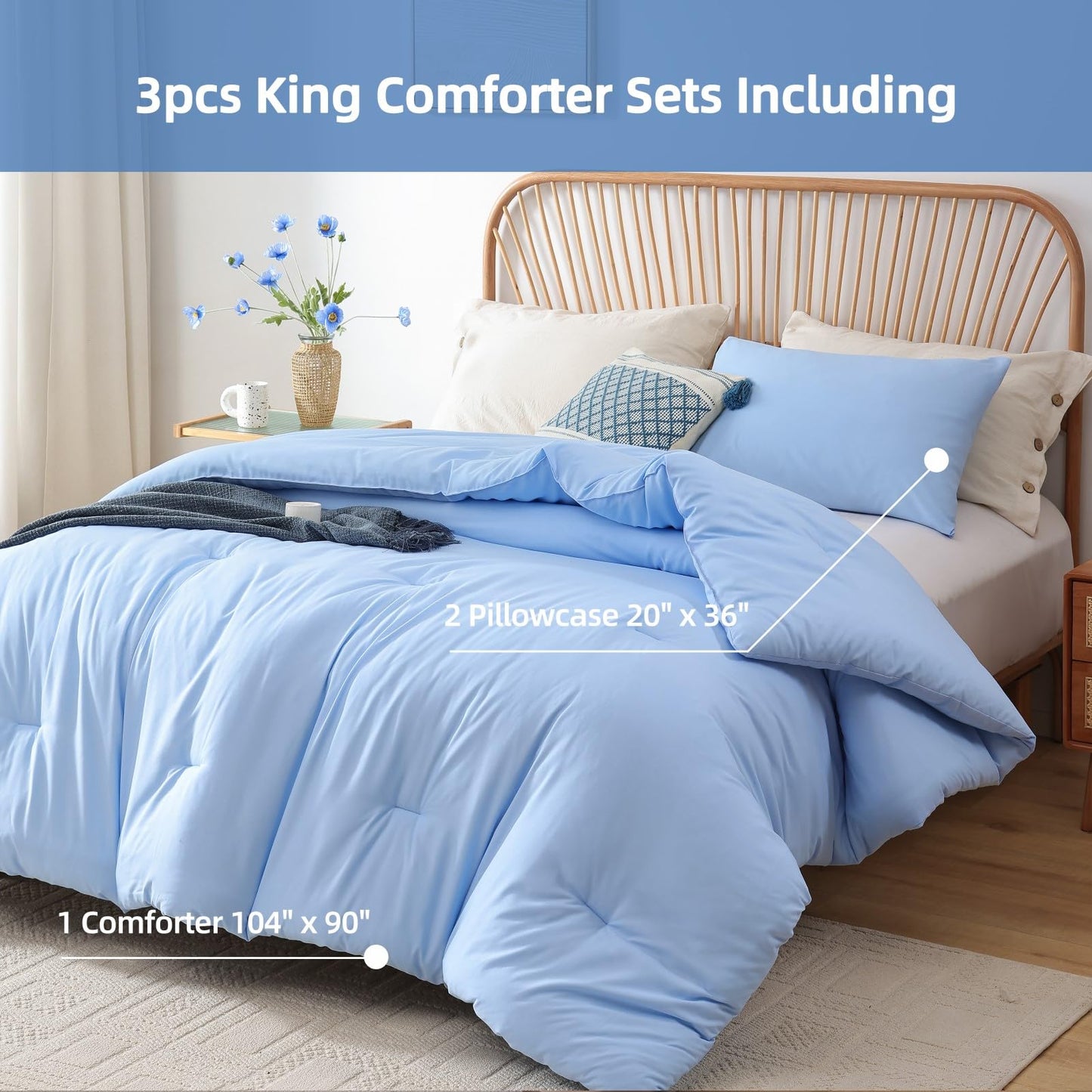 ROSGONIA King Size Comforter Set Light Blue, 3pcs King Comforter Set (1 Comforter & 2 Pillowcases) All Season Soft Lightweight Bedspread Blanket Quilt