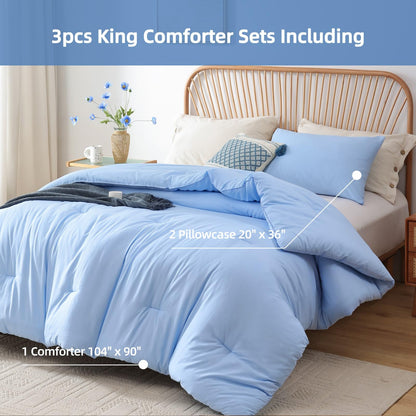 ROSGONIA King Size Comforter Set Light Blue, 3pcs King Comforter Set (1 Comforter & 2 Pillowcases) All Season Soft Lightweight Bedspread Blanket Quilt