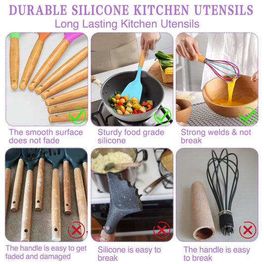 Umite Chef Kitchen Cooking Utensils Set, 33 pcs Non-stick Silicone Cooking Kitchen Utensils Spatula Set with Holder, Wooden Handle Silicone Kitchen Gadgets Utensil Set (Colorful)