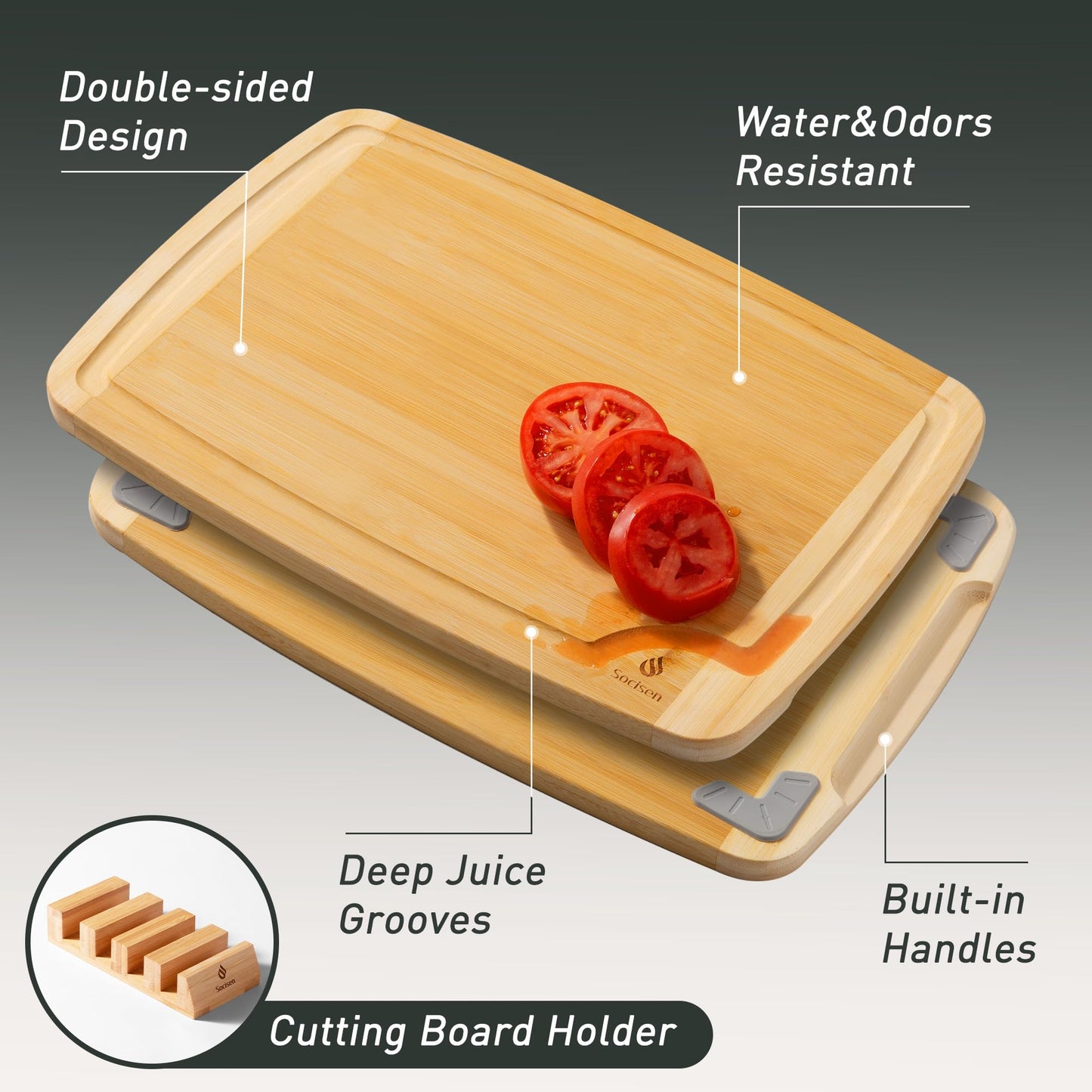 Bamboo Cutting Board Set Non Slip Feet with Holder Over Sink Valentines Gifts ideal