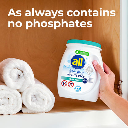 All Mighty Pacs Laundry Detergent Free Clear Odor Relief, Tub, 56 Count