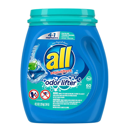 All Mighty Pacs Laundry Detergent 4 In 1 With Odor Lifter, Tub, 60 Count