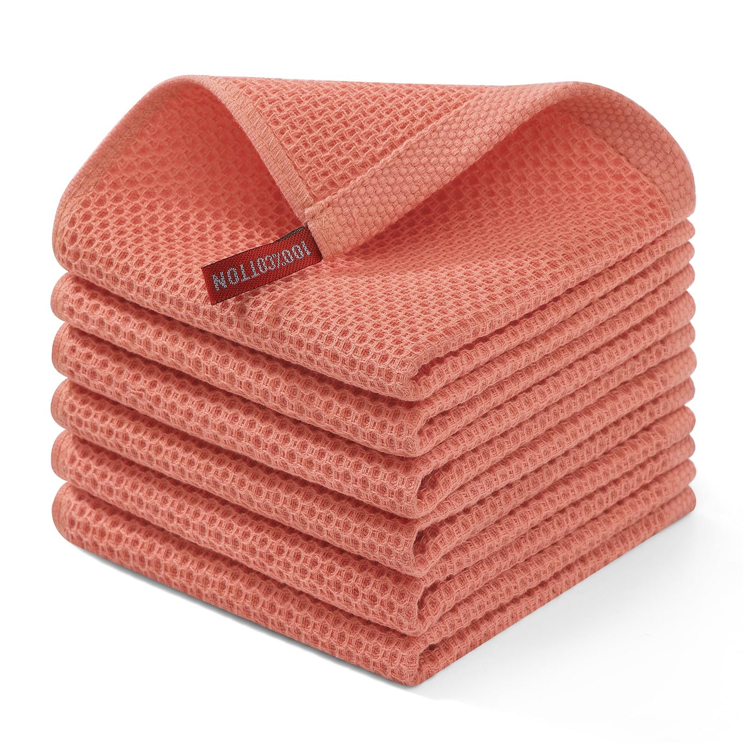 100% Cotton Waffle Weave Kitchen Dish Cloths, Ultra Soft Absorbent Quick Drying Dish Towels, 12 x 12 Inches, 6-Pack, Coral