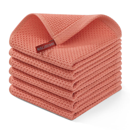 100% Cotton Waffle Weave Kitchen Dish Cloths, Ultra Soft Absorbent Quick Drying Dish Towels, 12 x 12 Inches, 6-Pack, Coral