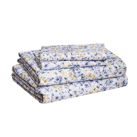 Lightweight Super Soft Easy Care Microfiber 4 Piece Bed Sheet Set With 14-inch Deep Pockets, Queen, Blue Floral,Printed