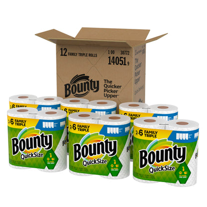 Bounty Quick-Size Paper Towels, White, 12 Family Triple Rolls = 36 Regular Rolls