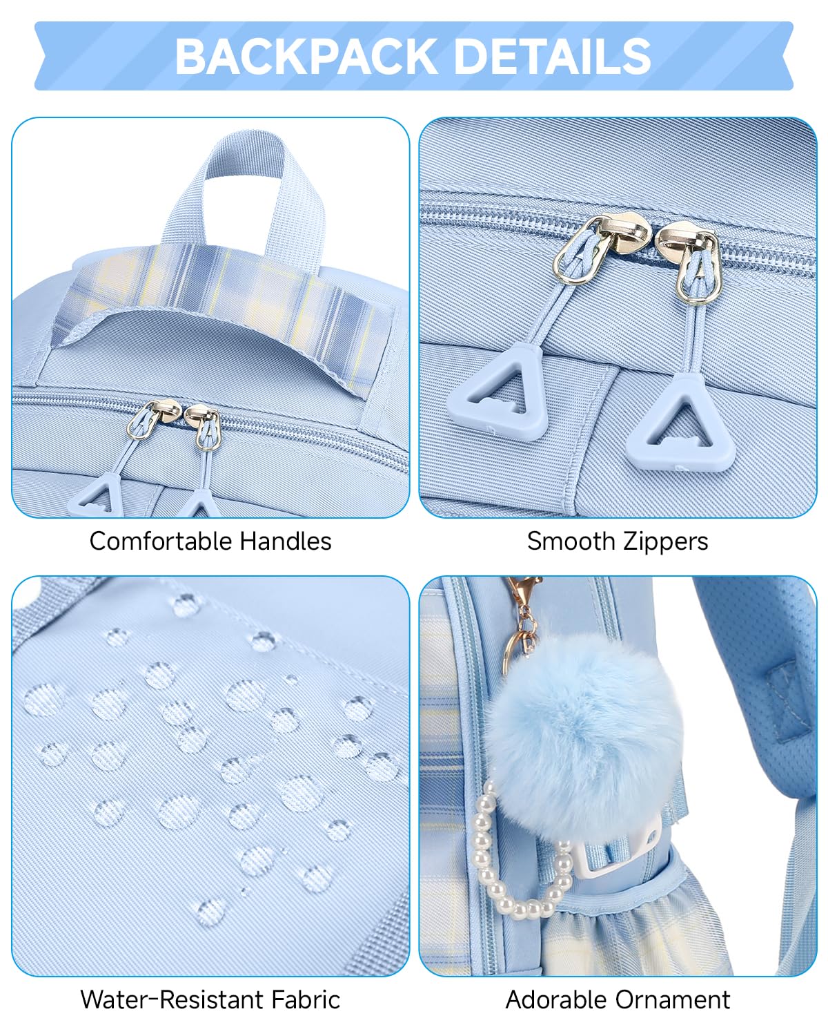 Amythe Girls' School Backpack Set, Cute Kids Backpack, Casual School Bag for Elementary Middle School Girls, Bookbag Set with Lunch Bag and Pencil Case,Blue