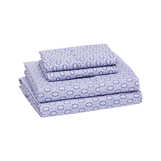 Lightweight Super Soft Easy Care Microfiber 4 Piece Bed Sheet Set With 14" Deep Pockets, Queen, Blue Damask, Printed