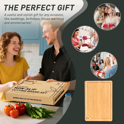 Bamboo Cutting Board Set Non Slip Feet with Holder Over Sink Kitchen Gadgets Gifts