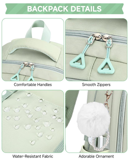 Amythe Girls' School Backpack Set, Cute Kids Backpack, Casual School Bag for Elementary Middle School Girls, Bookbag Set with Lunch Bag and Pencil Case,Green