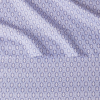 Lightweight Super Soft Easy Care Microfiber 4 Piece Bed Sheet Set With 14" Deep Pockets, Queen, Blue Damask, Printed