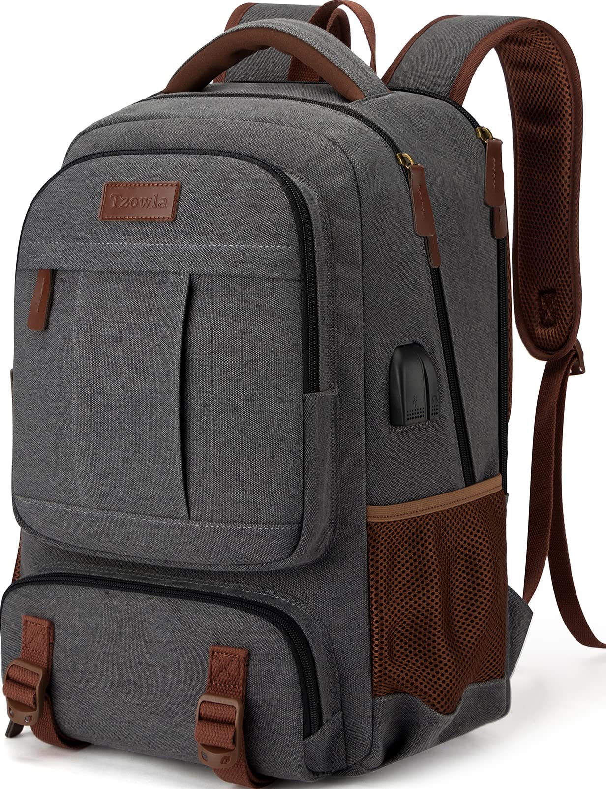Tzowla Canvas Laptop Backpack Men,Bag for Women,School Travel College Work Rucksack Fits 15.6 Inch Laptop,Bookbag with USB Charging Port,Dark Grey