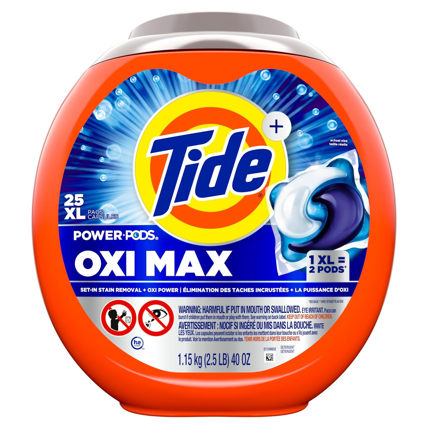 Tide Oxi Max Power PODS Laundry Detergent, Laundry Pods with Stain Remover Plus Oxi Power, 25 Count