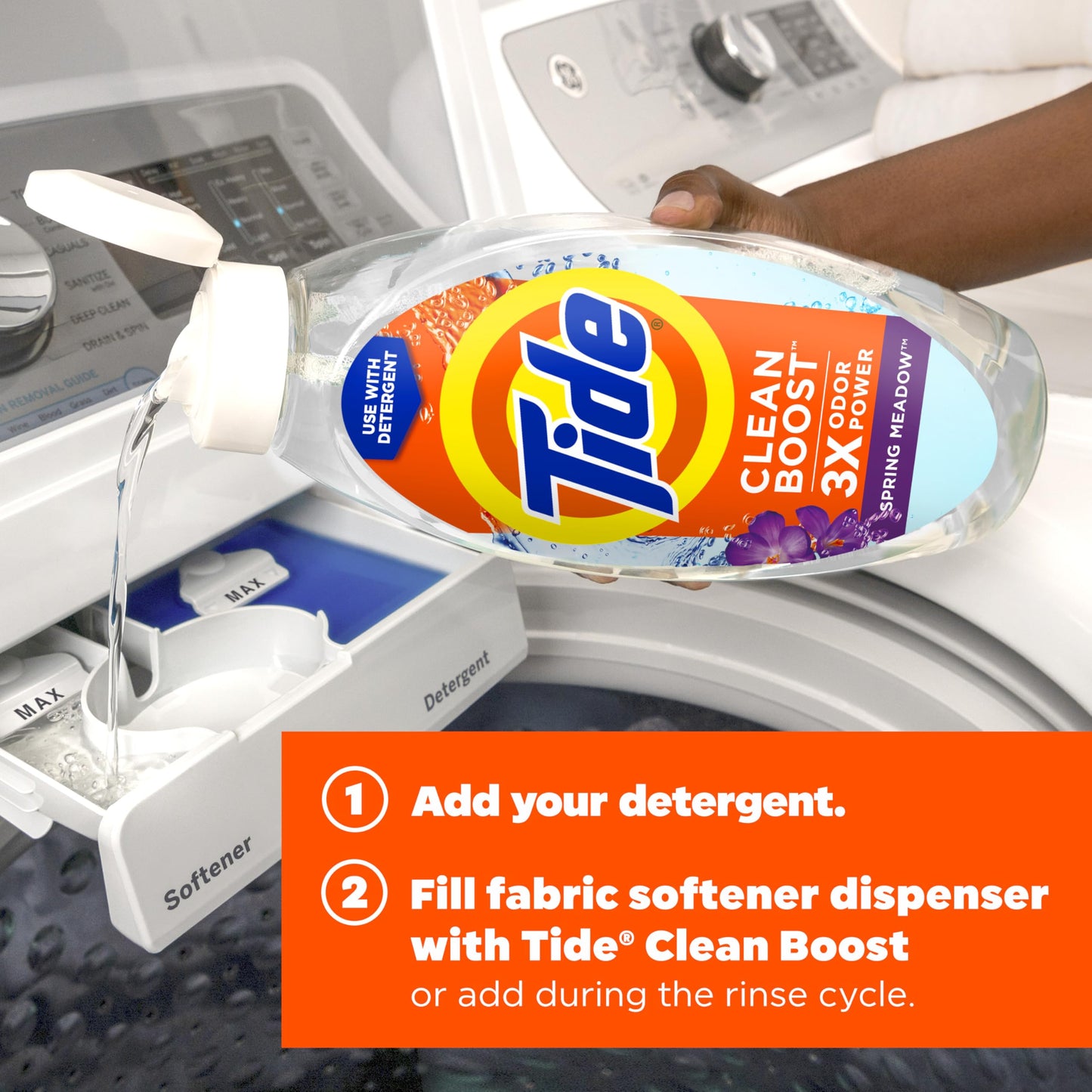 Tide Clean Boost Fabric Rinse, Removes Odours and Residues, Safe on All Fabrics, Free of Dyes and Heavy Perfumes, Spring Meadow Scent, 754ML