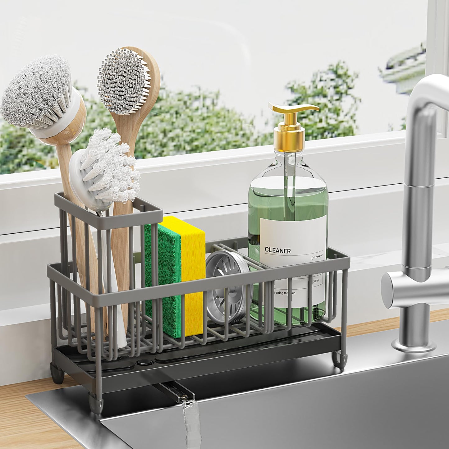 Charcoal Gray Sponge Holder for Kitchen Sink, Sink Caddy Organizer with High Brush Holder, Kitchen Countertop Organizers and Storage Essentials, Rustproof 304 Stainless Steel