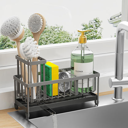 Charcoal Gray Sponge Holder for Kitchen Sink, Sink Caddy Organizer with High Brush Holder, Kitchen Countertop Organizers and Storage Essentials, Rustproof 304 Stainless Steel