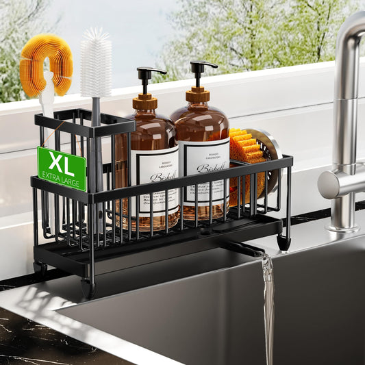Extra Large Black Sponge Holder for Kitchen Sink, Sink Caddy Organizer with High Brush Holder, Kitchen Countertop Organizers and Storage Essentials, Rustproof 304 Stainless Steel