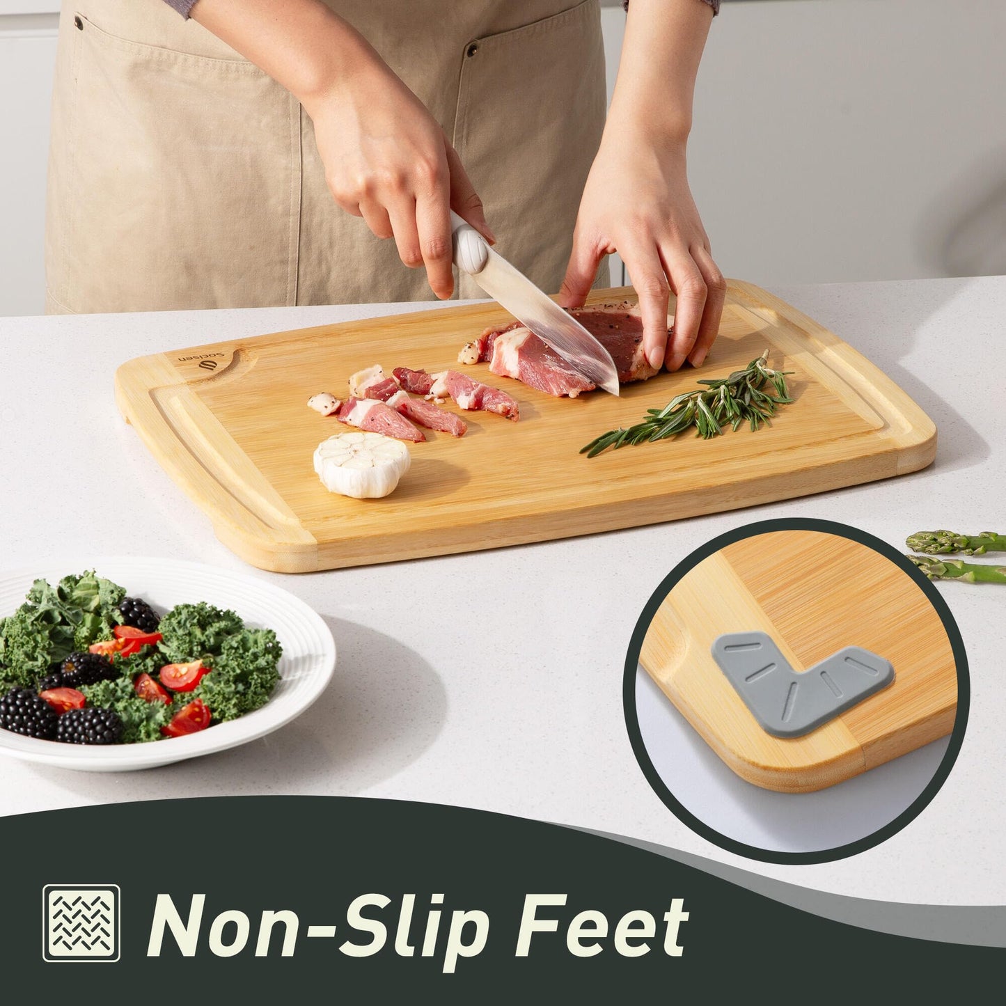 Bamboo Cutting Board Set Non Slip Feet with Holder Over Sink Valentines Gifts ideal