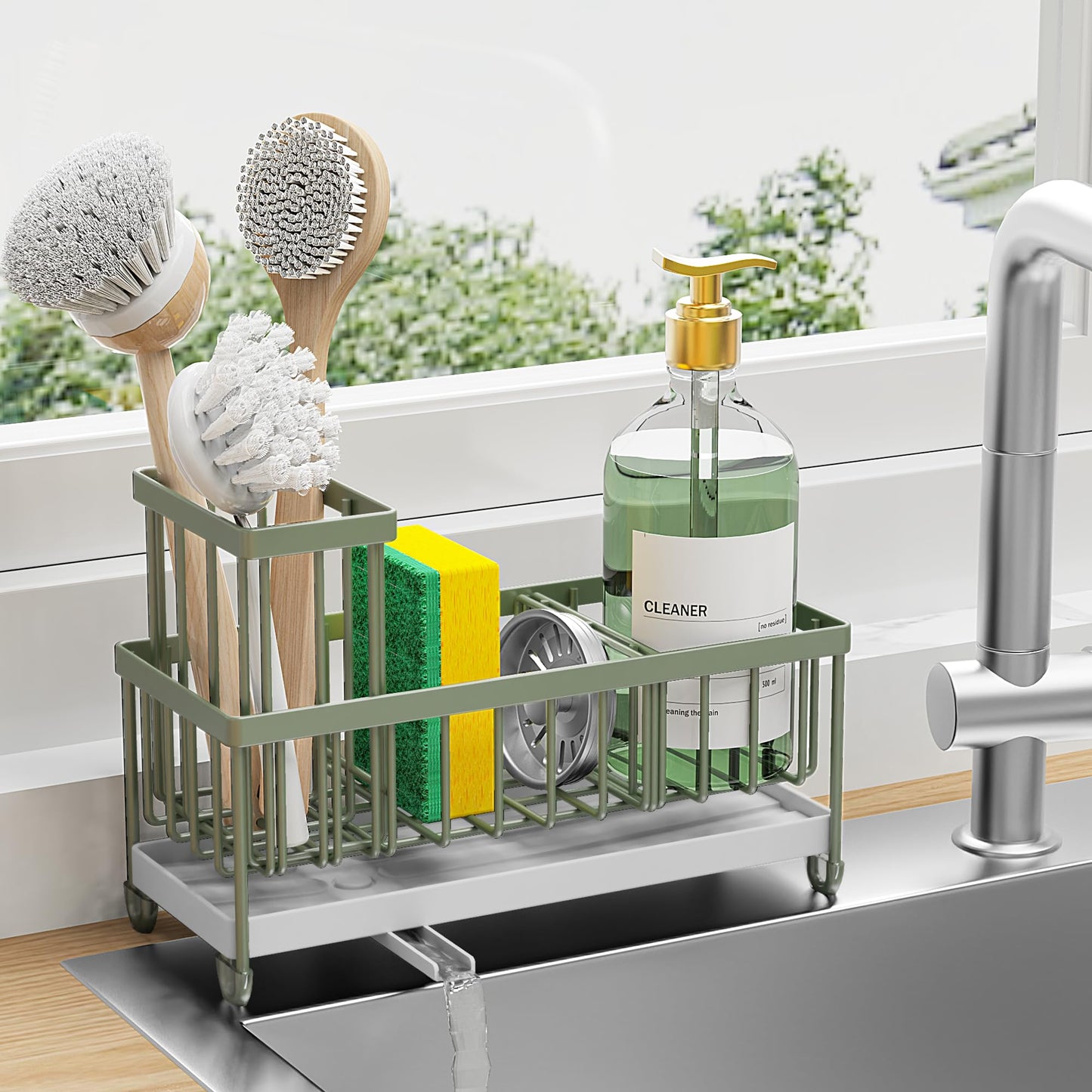 Sage Green Sponge Holder for Kitchen Sink, Sink Caddy Organizer with High Brush Holder, Kitchen Countertop Organizers and Storage Essentials, Rustproof 304 Stainless Steel, Soap Dispenser