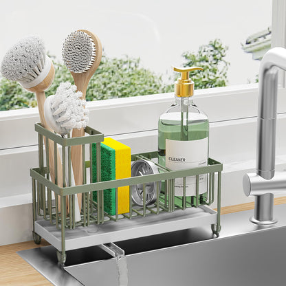Sage Green Sponge Holder for Kitchen Sink, Sink Caddy Organizer with High Brush Holder, Kitchen Countertop Organizers and Storage Essentials, Rustproof 304 Stainless Steel, Soap Dispenser