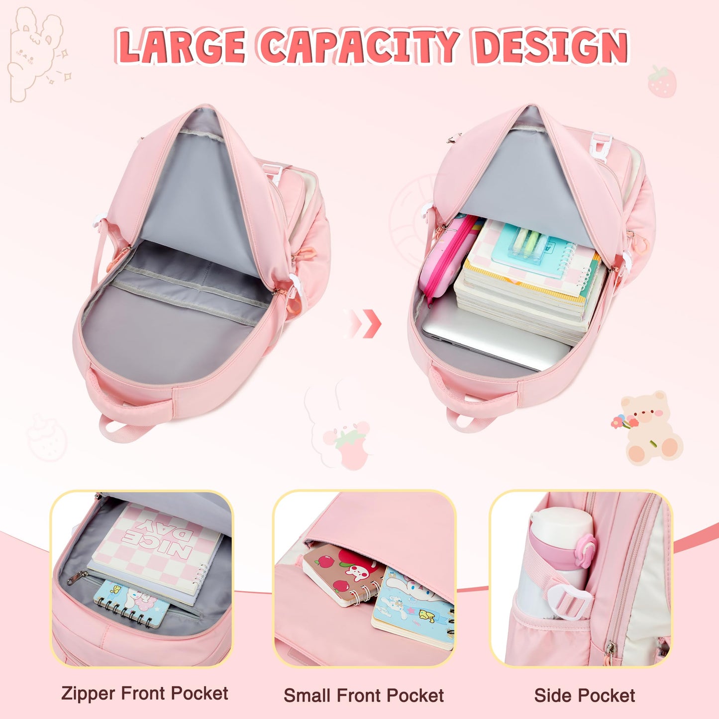 DIGOBAY Girls Backpack, School Backpack for Girls with Lunch Box Pencil Case Set for Teen Kids Girl Elementary Primary Middle High College School Bookbag with Cute Pins Pink