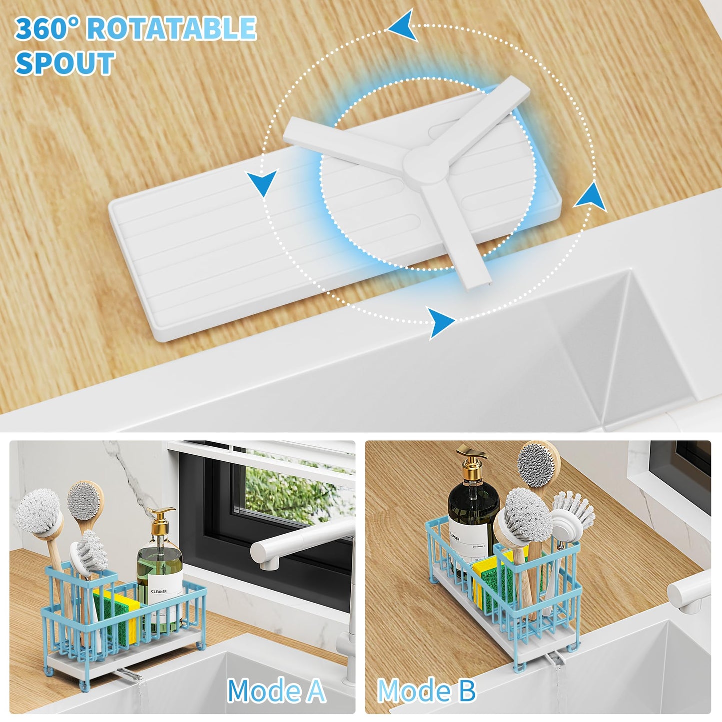 Blue Sponge Holder for Kitchen Sink, Sink Caddy Organizer with High Brush Holder, Kitchen Countertop Organizers and Storage Essentials, Rustproof 304 Stainless Steel, Soap Dispenser Organize